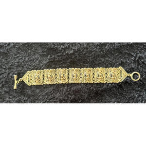 Elegant Gold Tone Filigree Panel Bracelet 8” Long, Wide Statement Bracelet